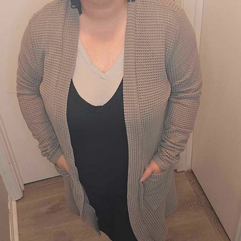 Grey Waffle Knit Cardigan with pockets and thumbholes